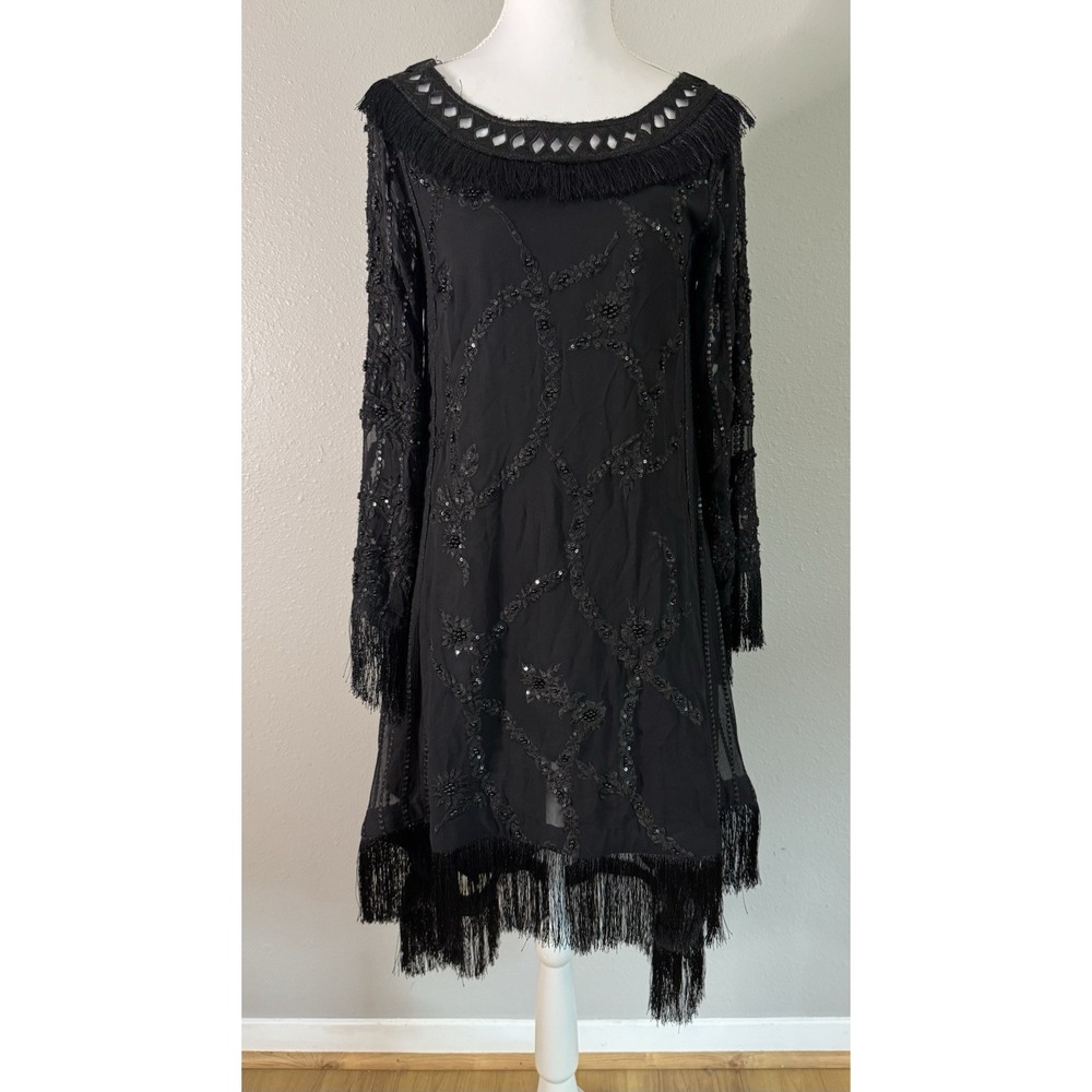 Black Sequin Fringe Flapper Dress Witchy Gothic 1920s Art Deco Fairycore Small